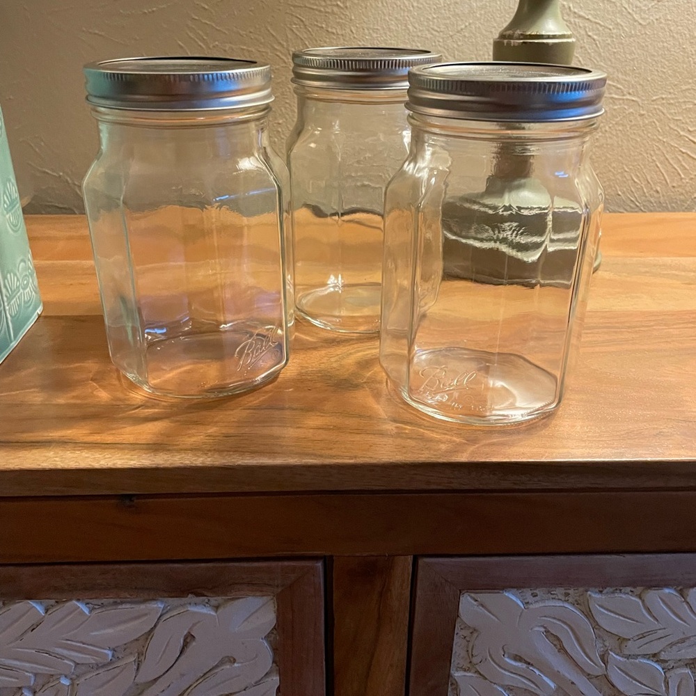 Set of Three Clear mason Glass Jars with Silver Lids